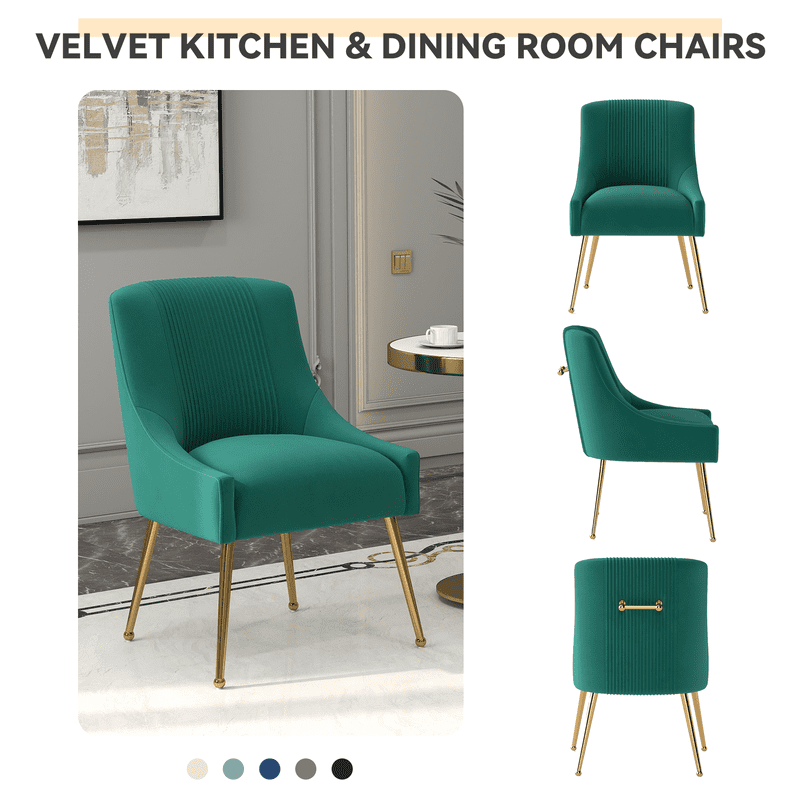 SEYNAR Modern Velvet Dining Chairs Pleated Vanity Chair Set of 4 with Glod Legs for Living Room,Deep Green