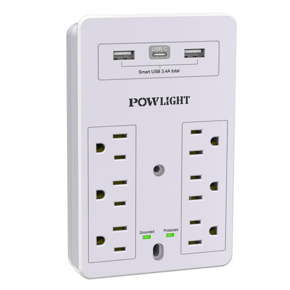 Wall Mount Surge Protector - 6 AC Outlets, 3 USB (1 USB-C) Charging Ports, Surge Protection for Home, Office