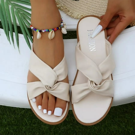 

uikmnh Slippers for Women Summer Women Slippers Cross Strap Flat Bottom Lightweight Solid Color Open Toe Comfortable Casual Beach Beige 8.5