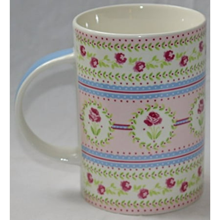 Rose Fine Bone China - Queen's Pink Roses Fine Porcelain Bone China Mug, 14-Ounce (Blue Handle)