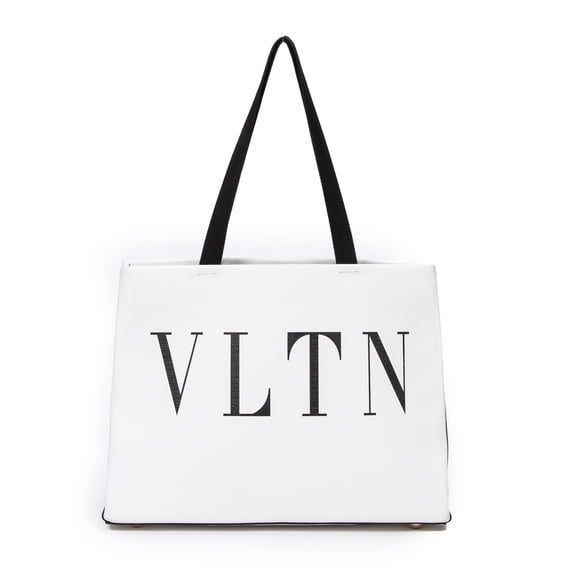 Pre-Owned Valentino White/Black Logo Shopping Tote Shoulder Bag Calfskin Leather