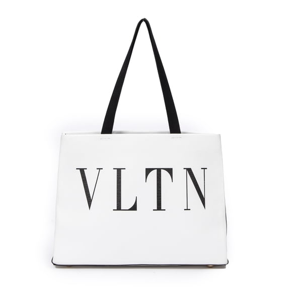 Pre-Owned Valentino White/Black Logo Shopping Tote Shoulder Bag Calfskin Leather