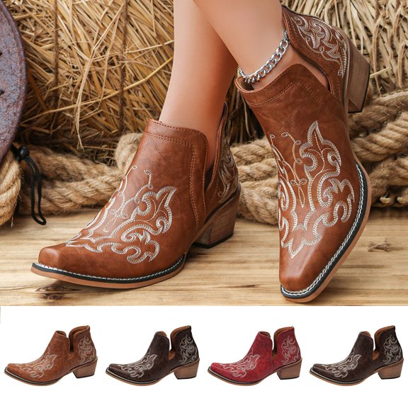 Crunowin Women's Ankle Boots, Embroidered Chunky Mid Heel Fall Trendy Shoes Coffee 9