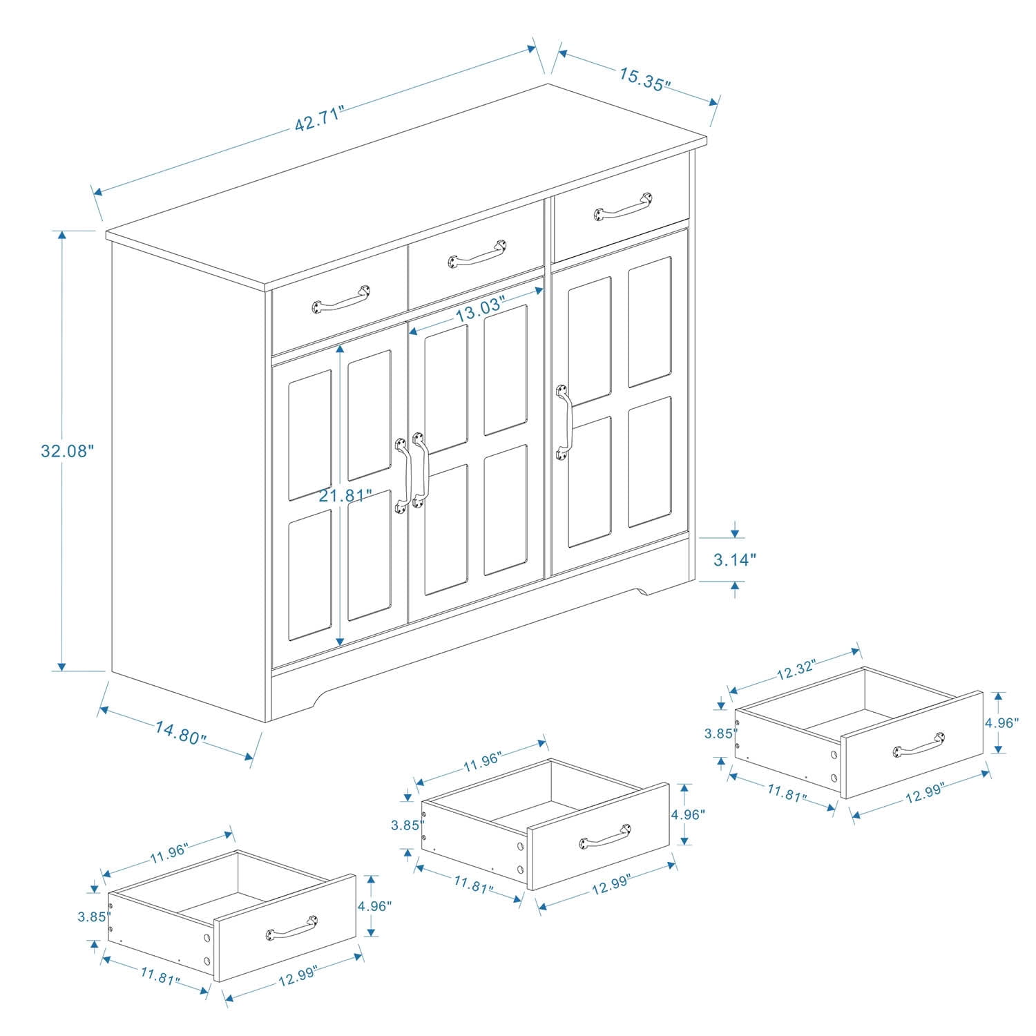 MAYEERTY Farmhouse Buffet Cabinet Storage Sideboard, 3 Drawers 3 Doors for Kitchen Dining Room White