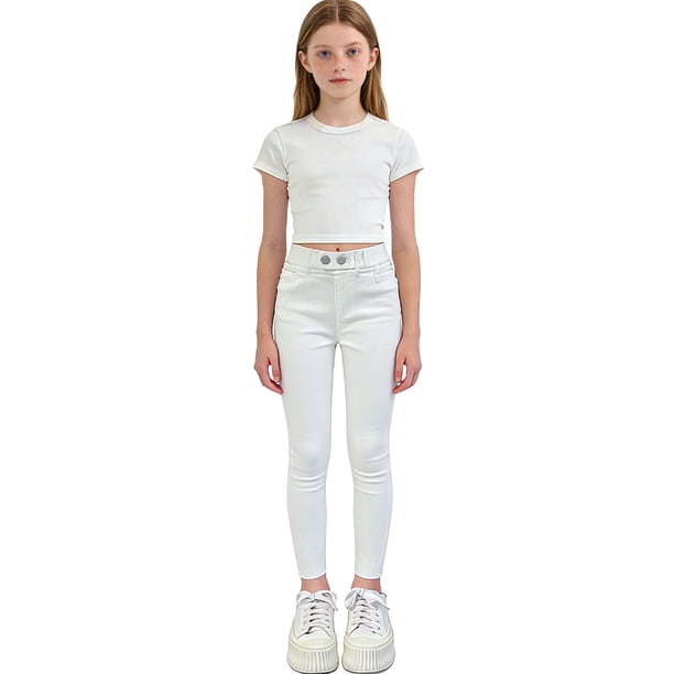 Pantalones vaqueros largos para niñas, de color liso, a la moda, ajustados, elásticos, acampanados, de poliéster