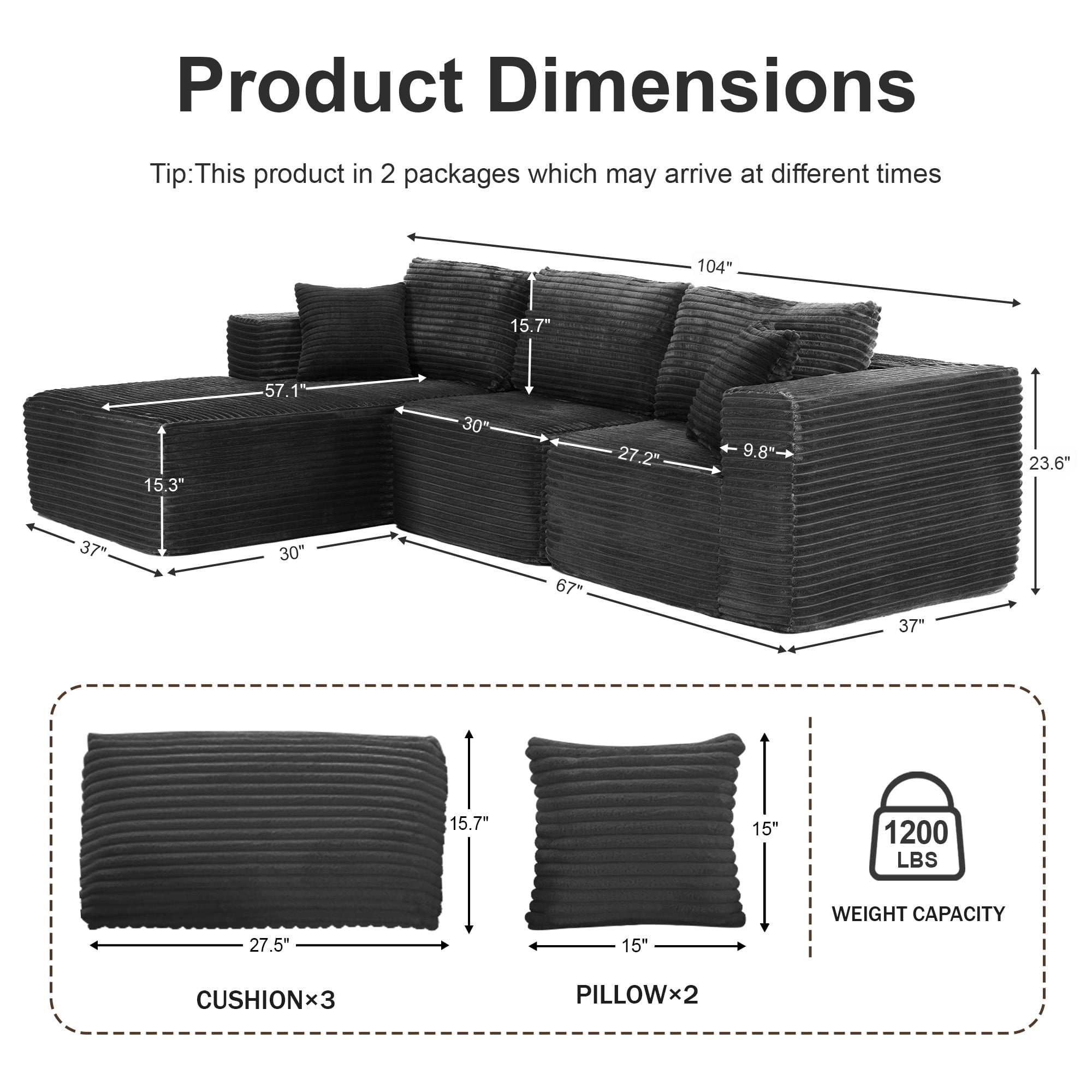 MAYEERTY Corduroy Sectional Couch, Comfy Modular Compression Sofa for Apartment & Living Room, 104×67" Gray