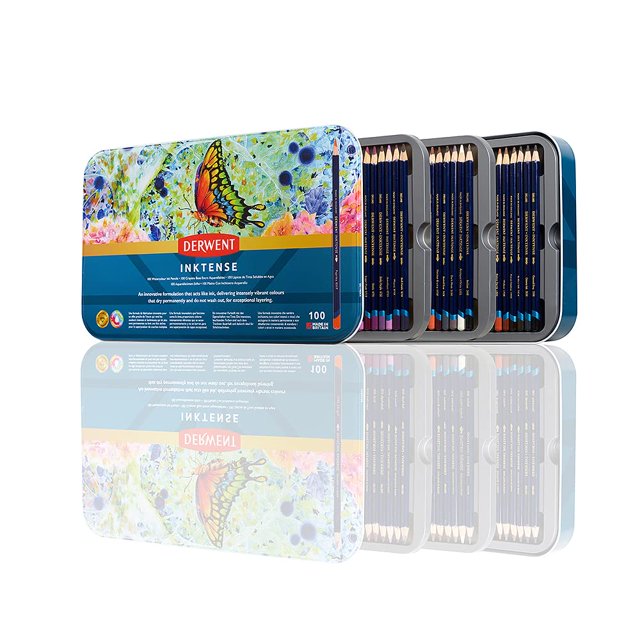 Set de lápices de acuarela Derwent Inktense 100 con estuche de hojalata