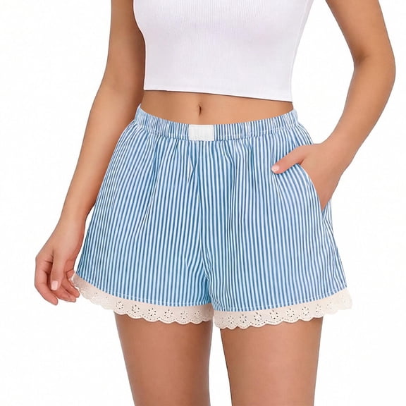 Karight Womens Striped Lace Trim Shorts Elastic Waist Casual Loungewear Sleep Shorts with Pockets