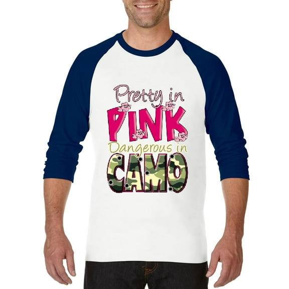 MmF - Mens Raglan Sleeve Baseball T-Shirts, up to Size 3XL - Pretty in Pink Dangerous in Camo