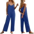 thumbnail image 2 of Women's Jumpsuit, Cotton Linen Sleeveless Overalls with Spaghetti Strap and Pocket, Casual Summer Romper and Beach Cover Up-Blue, 2 of 6