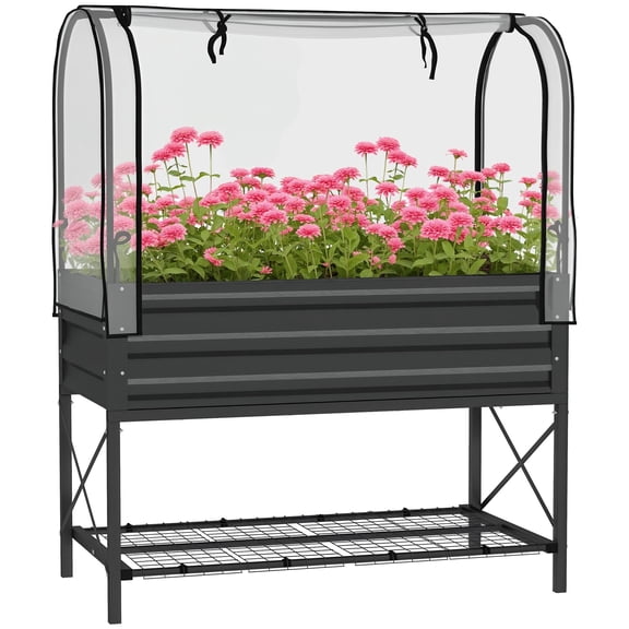 Raised Garden Bed with Greenhouse Cover, Metal Elevated Planter Box with Bottom Shelf and Liner for Vegetables, Black, 41 x 20.5 x 30 in