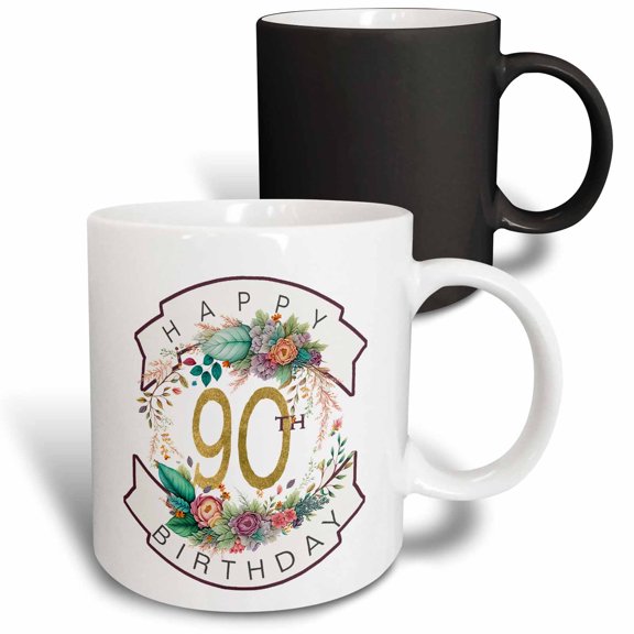 3drose, Colorful Floral Wreath Happy 90th Birthday, 11oz Magic Transforming Mug