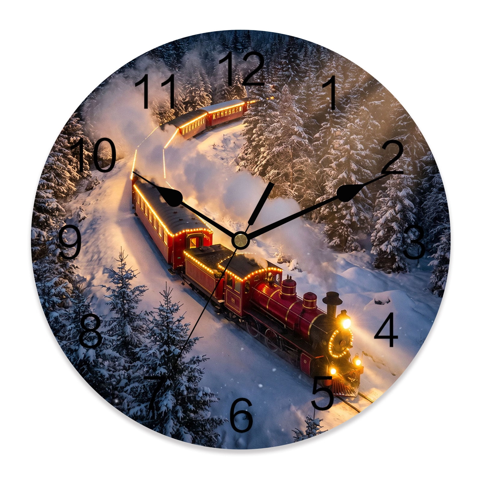 10 Inch Winter Steam Train Wall Clock, Vintage Railway Tracks Forest Gold Sun Rays Battery Operated Silent Non Ticking Clocks, Easy to Read Round Wall Clock for Kitchen/Living Room/Bedroom/Bathroom