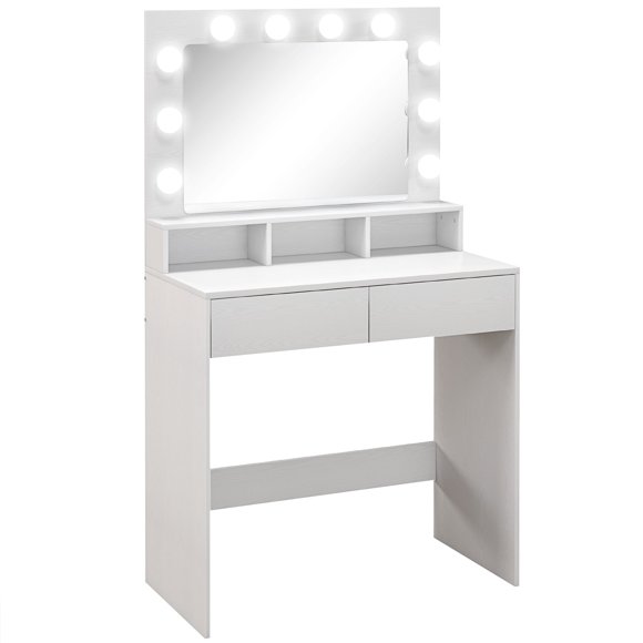 HOMCOM Coiffeuse avec Miroir à DEL, Bureau de Maquillage avec 2 Tiroirs, Blanc
