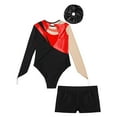thumbnail image 4 of Alvivi Kids Girls Rhinestone Mesh Long Sleeve Gymnastics Leotard Skating Jumpsuit with Shorts Hair Band Red&Black 8, 4 of 5