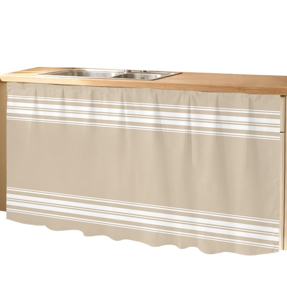 Farmhouse Khaki Cabinet Curtains White Stripe Sink Skirt Privacy Short Cabinet Curtain for Kitchen Bathroom Self Adhesive Waterproof Under Sink Curtain 32" W x 55" L
