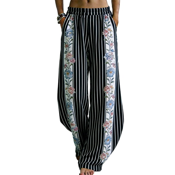 Pantalones de Piernas Anchas de las Mujeres Impresión Floral de Algodón Lino Suelto Casual de Cintura Alta Pantalones Largos Cónicos para Primavera Verano