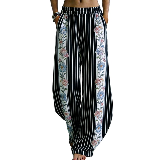 Pantalones de Piernas Anchas de las Mujeres Impresión Floral de Algodón Lino Suelto Casual de Cintura Alta Pantalones Largos Cónicos para Primavera Verano