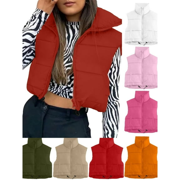 Gamivast Women's Puffer Vest Lightweight Sleeveless Stand Collar Zip up Jacket with Pockets Winter Warm Button Down Cropped Coat Oversized Drawstring Hem Outerwear
