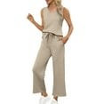 thumbnail image 3 of Jinhomg Two Piece Outfits for Women Summer Sexy Casual Sleeveless Tank Tops Elastic Wide Leg Pants Suit with Pockets Khaki,M, 3 of 7