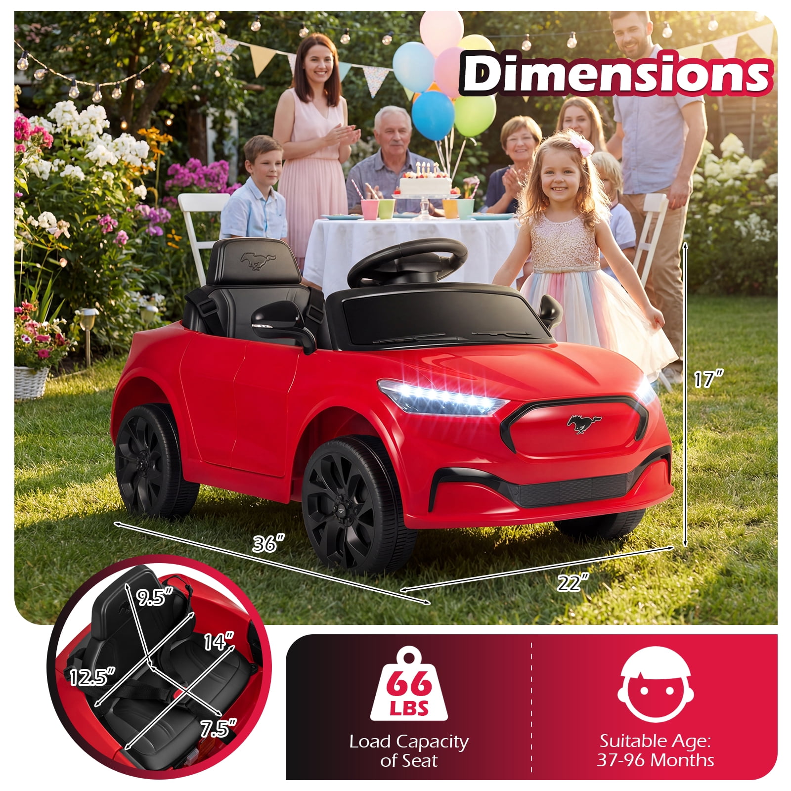 Gymax Licensed Ford Mach E Electric Vehicle w/Parent Control LED Lights Horn Music Red