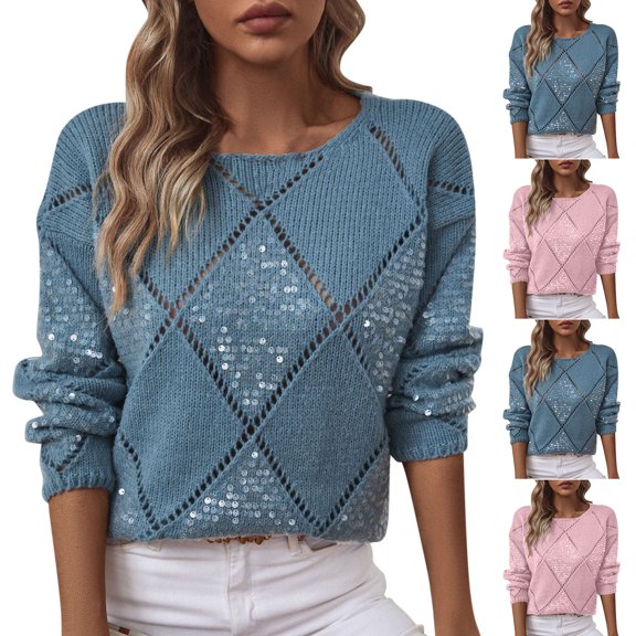 Drindf Womens Crew Neck Crochet Sweater Long Sleeve Hollow Out Knit Sweaters Fashion Sparkly Sequin Party Shirts Lightweight Loose Casual Going Out Tops