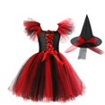 thumbnail image 2 of XXWXYD Girls Layered Ruffle-Shoulder Witch Tutu Dress with Hat, Sleeveless Mesh Tulle Lace-Up Halloween Party Performance Outfit Eight Color Choices, 2 of 4
