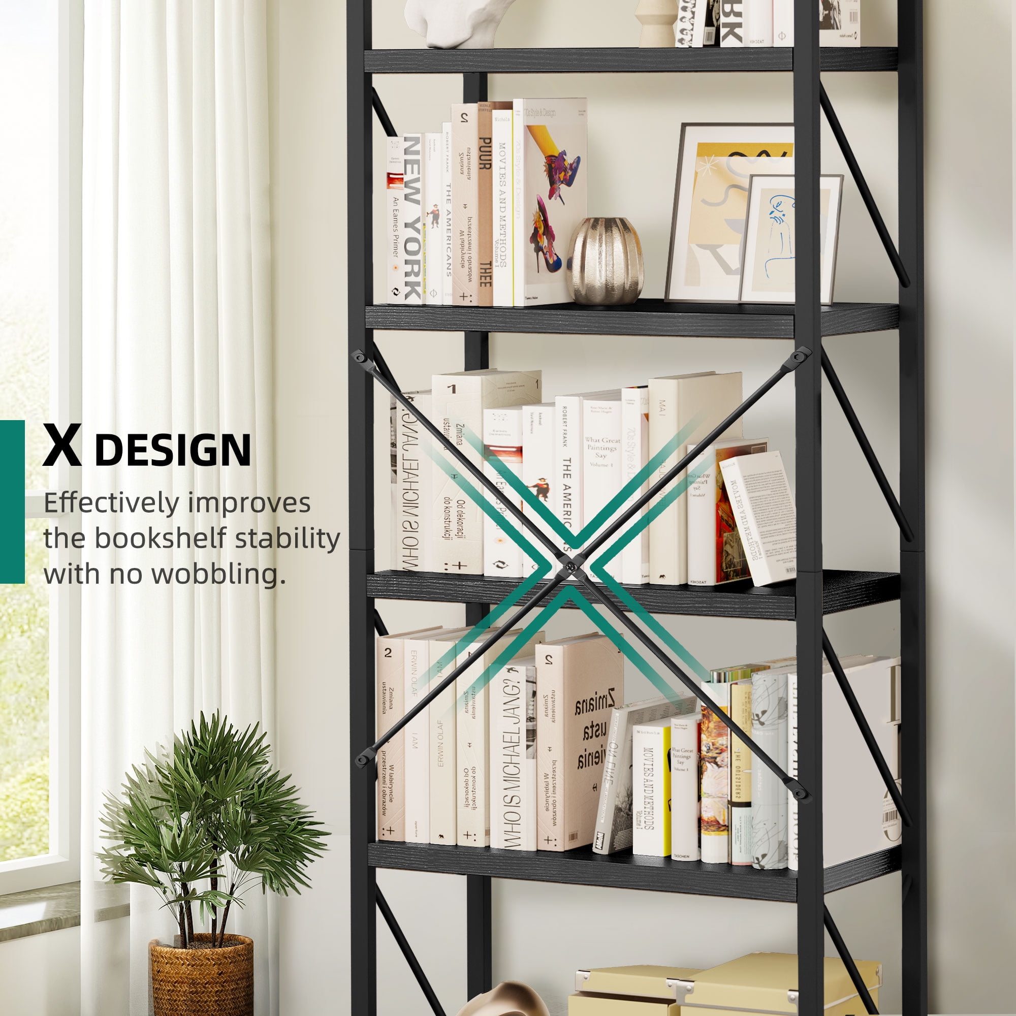 Dextrus 5-Tier Bookshelf, Ladder Bookcase, Industrial Freestanding Book Shelf Modern Open Display Storage Organizer Book Shelves for Bedroom, Living Room and Home Office, Black