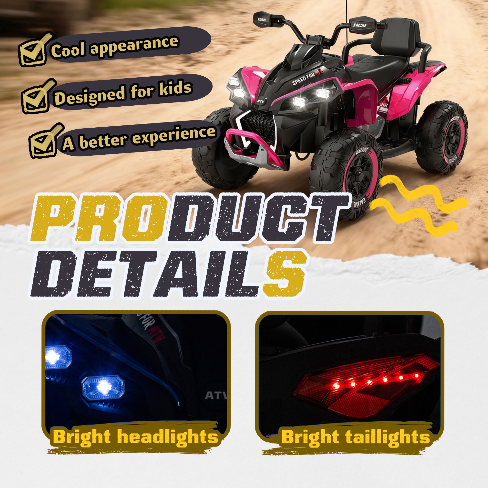 iRerts 24V Ride on ATV with Remote Control, Powered Ride on Toys Electric 4 Wheeler for Boys Girls Ages 3-12 Gifts, Kids Ride on Car Electric Vehicle with Pinktooth, Music, USB Port, LED Light, Pink