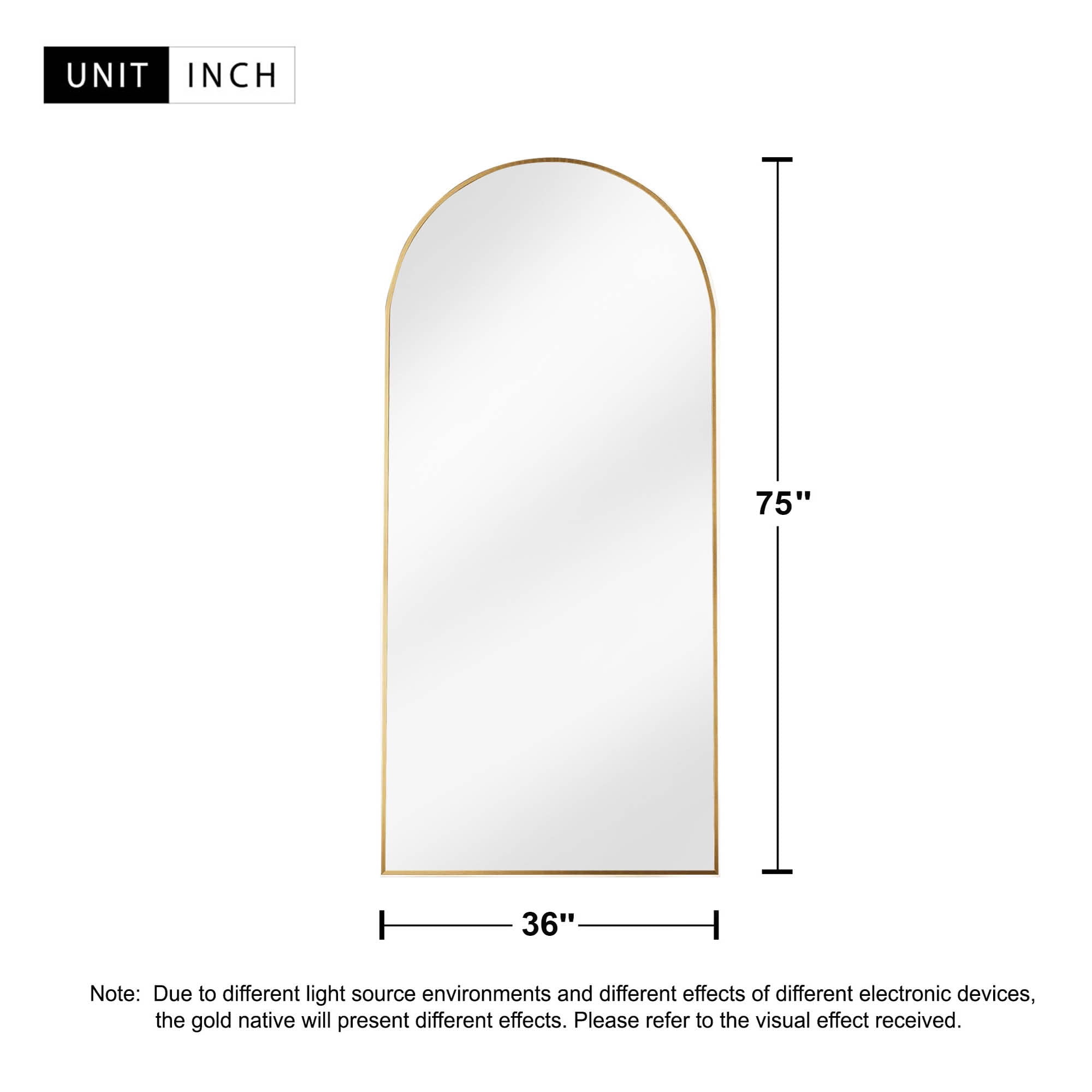 MAYEERTY 75x36x1 Inch Gold Thin Edge Aluminum Right Angle Arched Full Length Mirror with Stand for Bedroom
