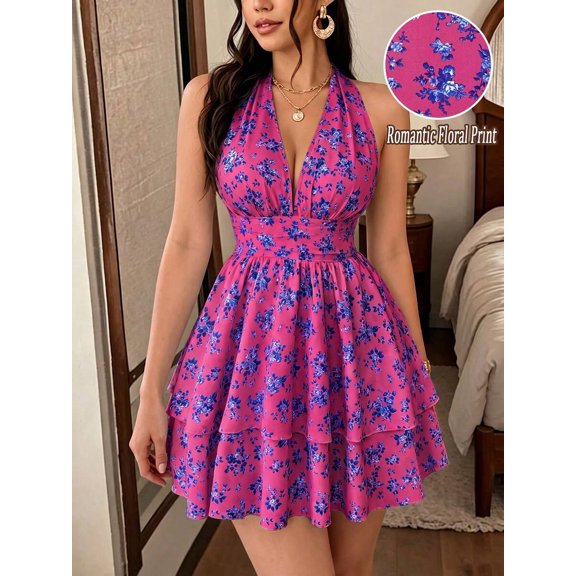 Hot Pink Floral Print Halter Neck Sleeveless Fit & Flare Mini Dress For Women