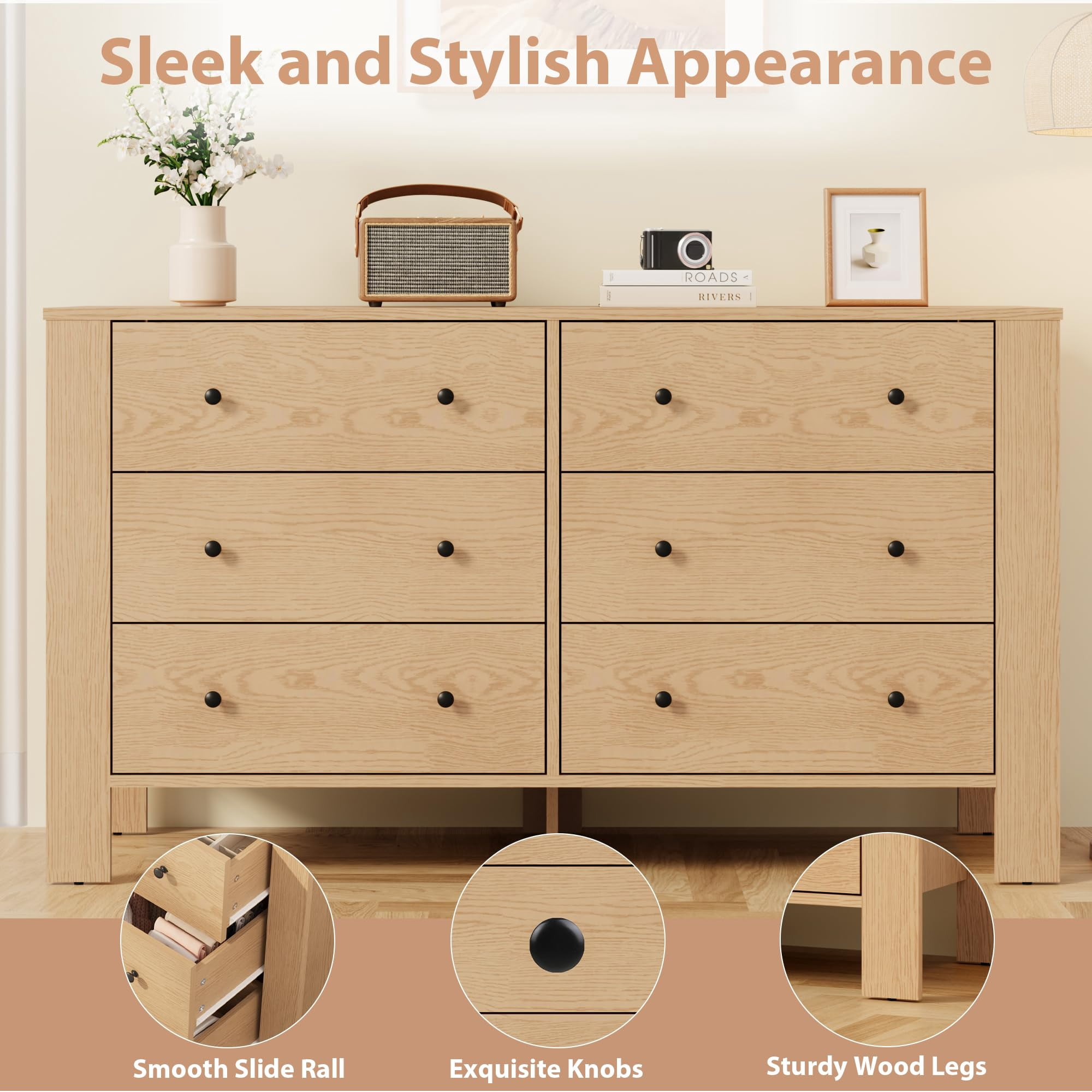 6 Drawer Dresser, Modern Wood Dresser for Bedroom, with Deep Drawers & Metal Knobs, for Hallway, Entryway, Living Room