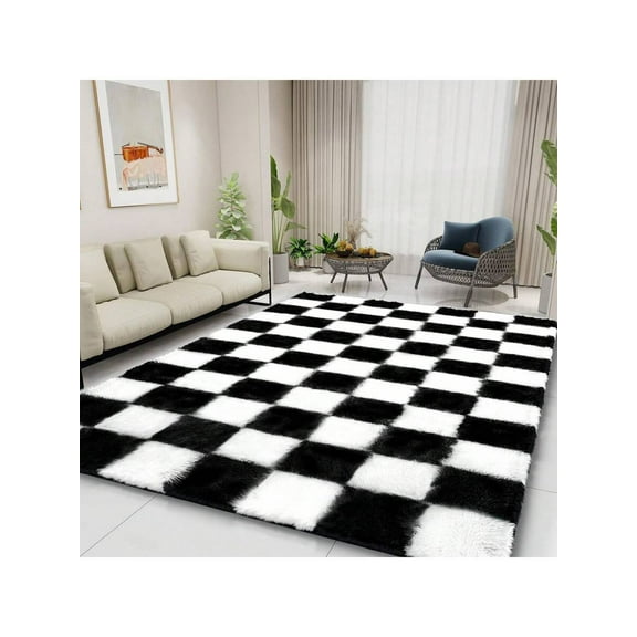 Checkered Rug 6x9 4x6 5x8 8x10 For Living Room, Black And White Modern Shag Rug Washable Non-Slip Large Area Rug Super Soft Indoor Fuzzy Carpet Fluffy Rugs For Bedroom Home Aesthetic Decor