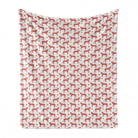 Leopard Soft Flannel Fleece Blanket, Warm Colored Animal Drawings with Spots on Skin Print Cat Family Pattern, Cozy Plush for Indoor and Outdoor Use, 50" x 60", Vermillion and White, by Ambesonne