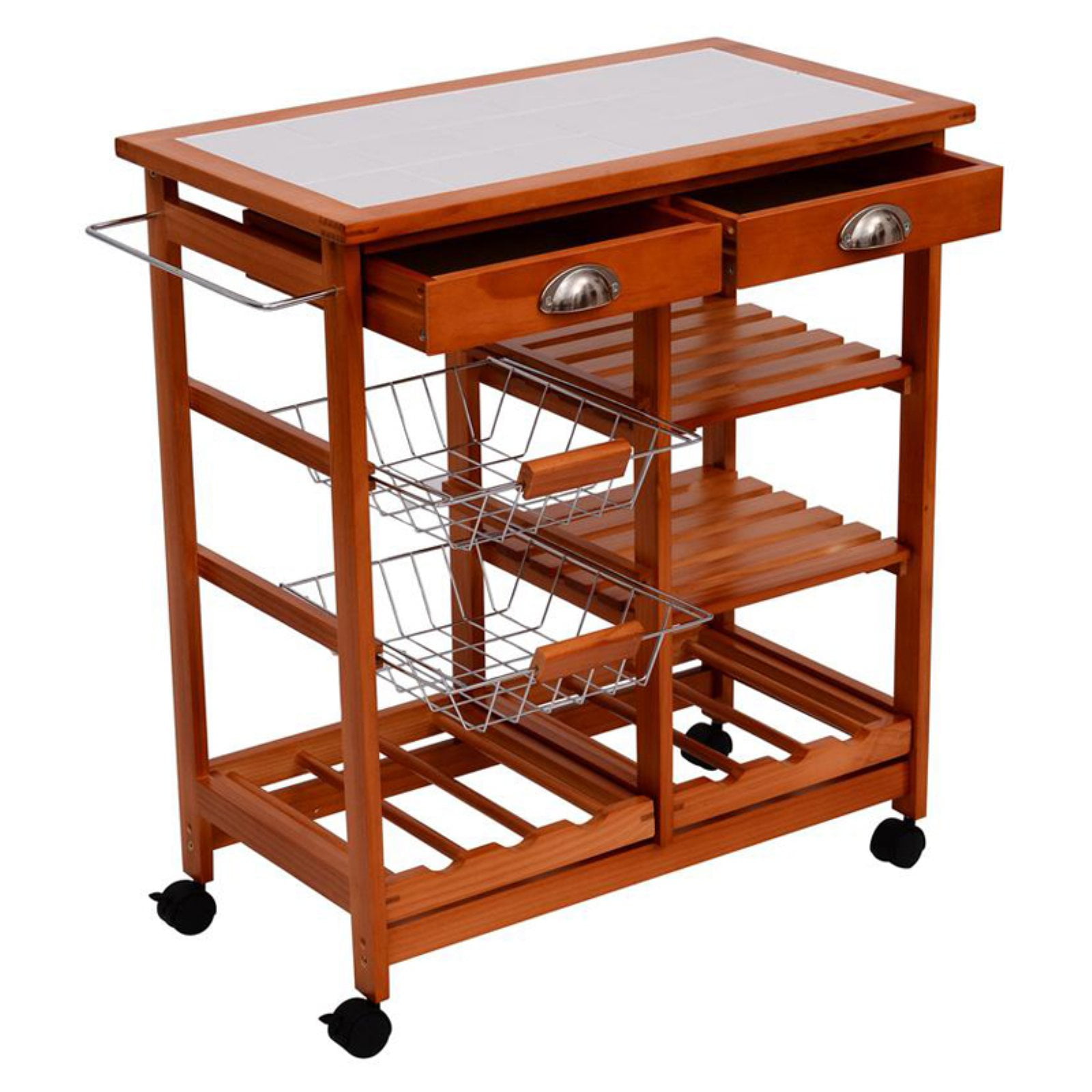 HomCom 26-in. Portable Rolling Tile Top Kitchen Trolley Cart with 6-Bottle Wine Rack - Walmart.com