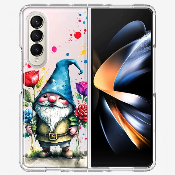 MUNDAZE Samsung Galaxy Z Fold 4 Shockproof Clear Hybrid Protective Phone Case Gnome Red Purple Blue Roses Garden Cover