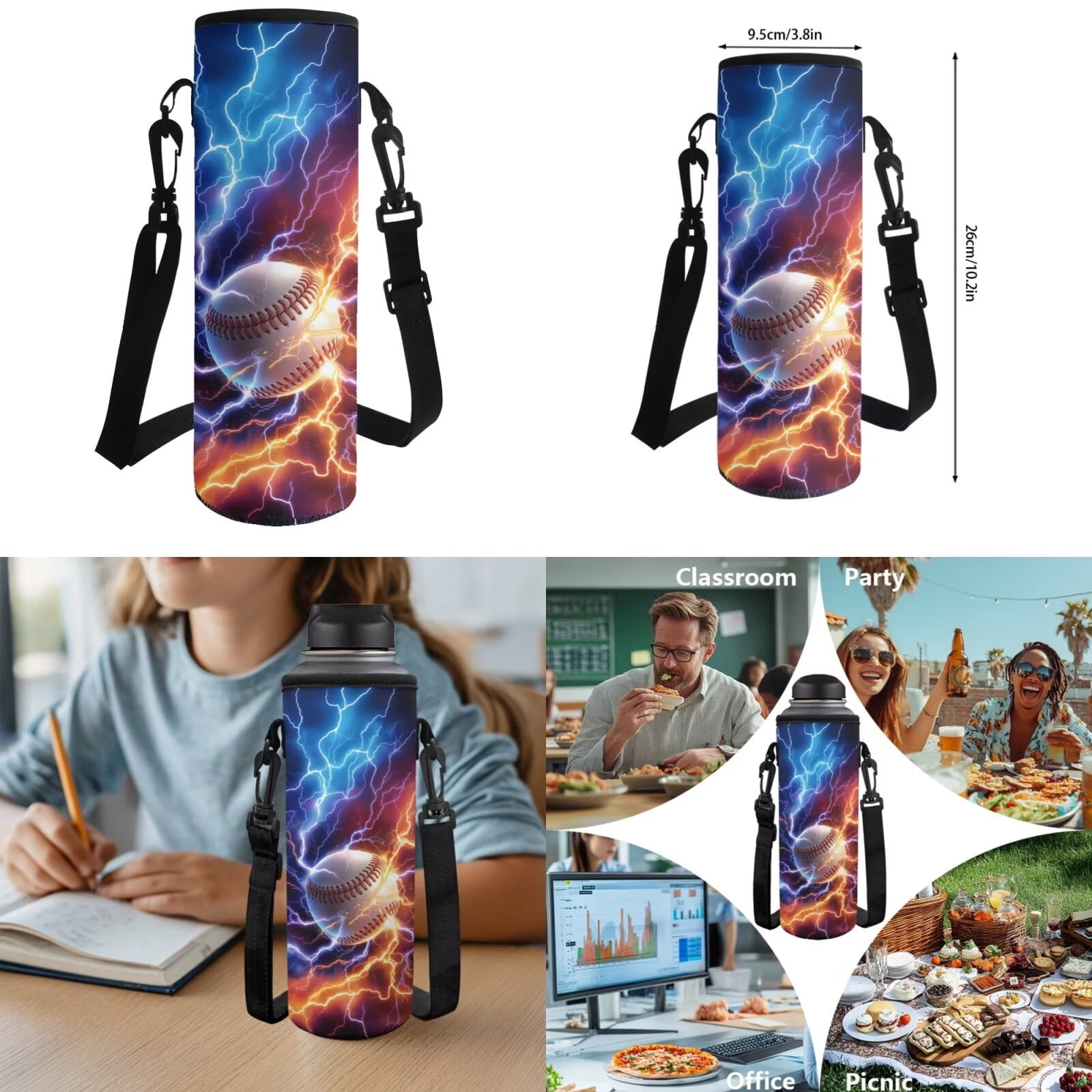 XYZCANDO Baseball 4Pcs Boys Backpack Set with Portable Lunch Bag Multifunctional Pencil Case Water Bottle Bag Lightweight Ice and Fire Bookbag for Travel Sports