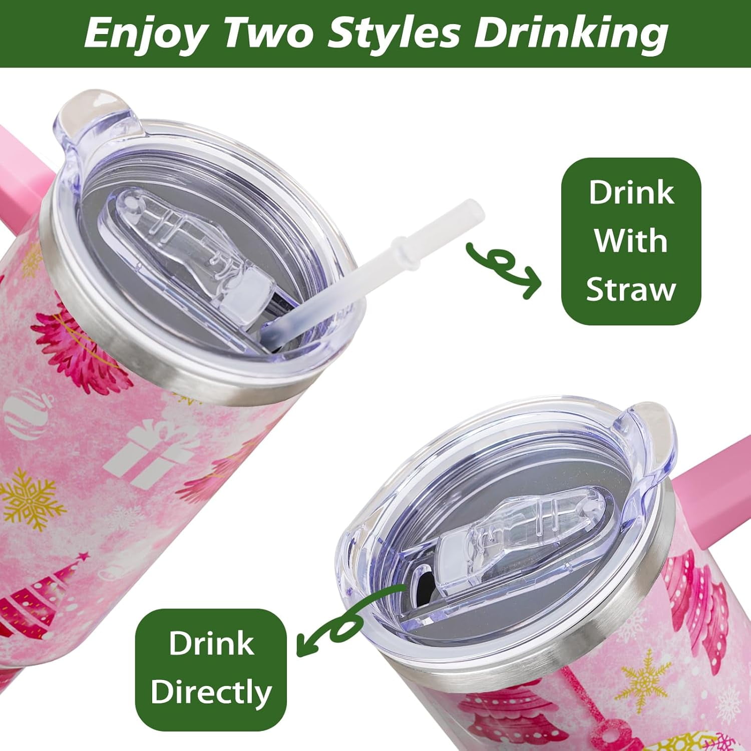 Christmas Tumbler 40 oz Christmas Tumblers with Handle and Straw Pink Christmas Tree Stainless Steel Insulated Coffee Cups Mugs Christmas Gifts Stuff Decor for Women Girls