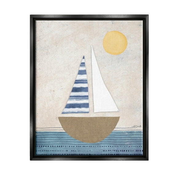 Stupell Industries Geometric Sailboat Striped Ocean Water Graphic Art Jet Black Floating Framed Canvas Print Wall Art, Design by Katie Doucette