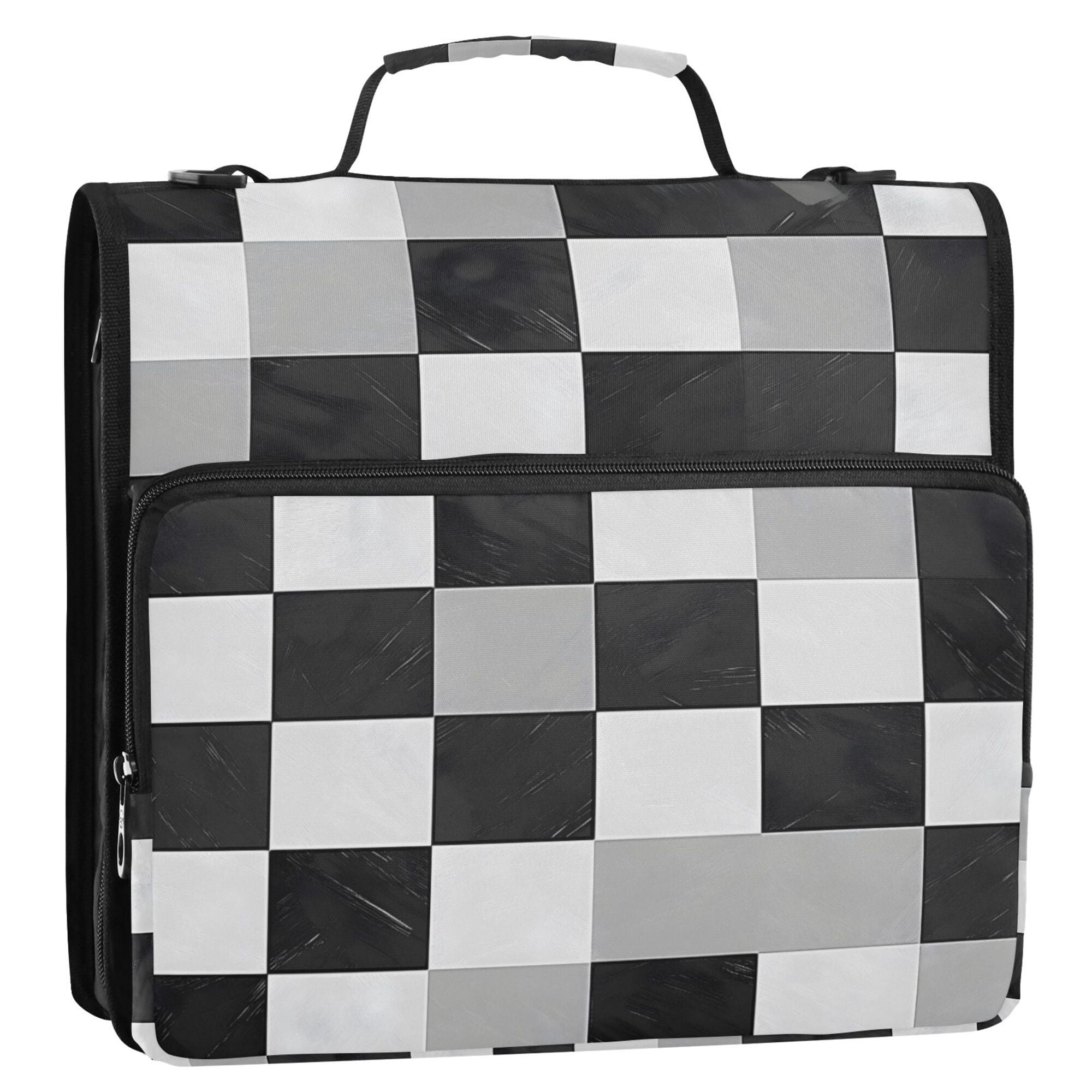 FORMRS Zipper Binder with Shoulder Strap 2-inch Ring 500 Sheet Capacity File Bag, Black and Gray Plaid Pattern