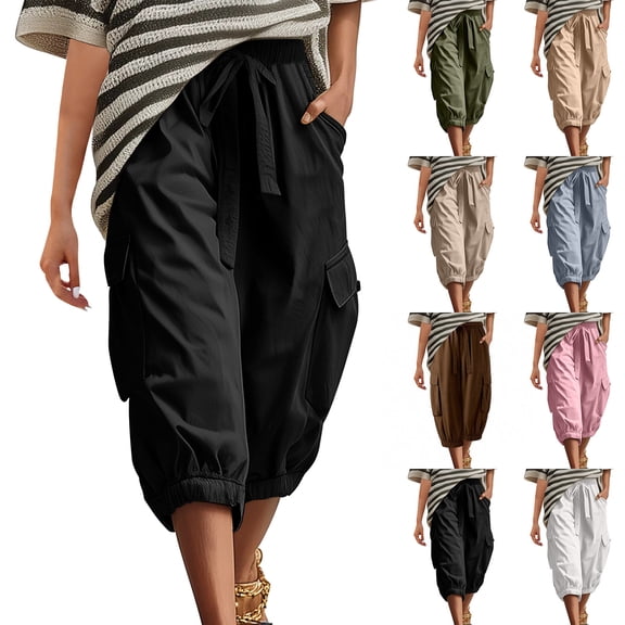 Purcolt Cargo Capri Pants for Women Baggy Elastic Waisted Joggers Adjustable Knot Plus Size Casual Hiking Camping Capris with Pockets