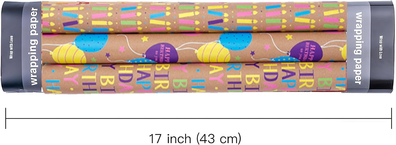 Kraft Birthday Wrapping Paper, Vintage Brown Gift Wrap Paper with Colorful Balloons Candles Happy Birthday for Party - 3 Rolls, 17 inch X 120 inch Each