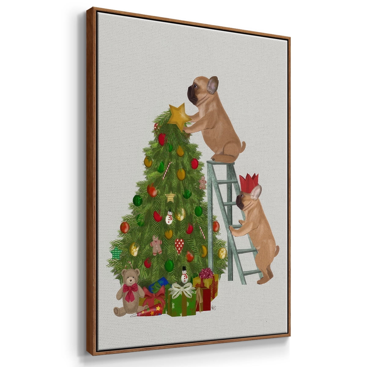 Christmas French Bulldog Tree Ladder - Framed Gallery Wrapped Holiday Canvas - 25 x 37 - Rosewood Frame