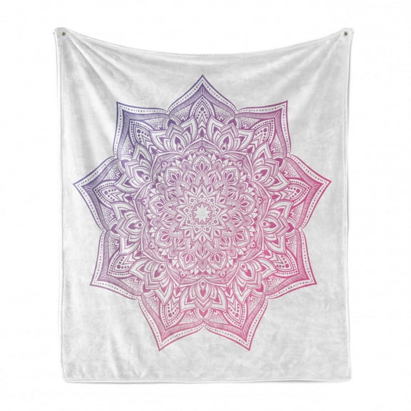 Pink Mandala Soft Flannel Fleece Throw Blanket, Oriental Round Folk Tattoo Style Yoga Pattern Graphic, Cozy Plush for Indoor and Outdoor Use, 50" x 70", Pale Mauve and White, by Ambesonne