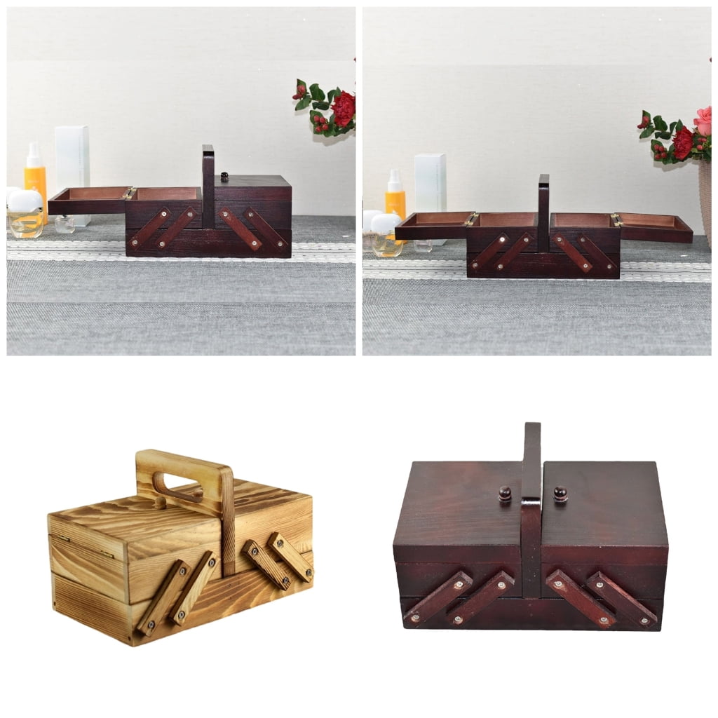 Folding Sewing Storage Box Wood Sewing Accessory Organizers Knitting Supply Case