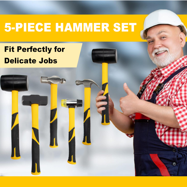 5-Piece forge/Polish Steel Head, Fiberglass Handle Set - 32oz Rubber Mallet | 16oz Claw & Ball-Peen Hammers | 3lb Sledge | 22oz Double-Faced Mallet
