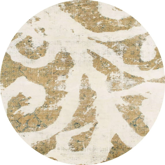 Ahgly Company Machine Washable Indoor Round Abstract Champagne Beige Area Rugs, 5' Round