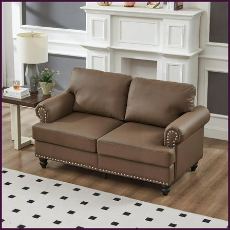59.5" Modern Classic Imitation Leather Loveseat – Brown Upholstery with Nail Trim, Removable Covers & Storage for Living Room