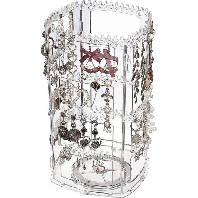 XINQIHANG 360 Rotating Earring Holder Organizer Clear Jewelry Displays Dangle Earinging Rack Necklace Bracelet Carousel Tree Towers,4 Tier Hanging Earring Display Stands For Selling,Pack of 1