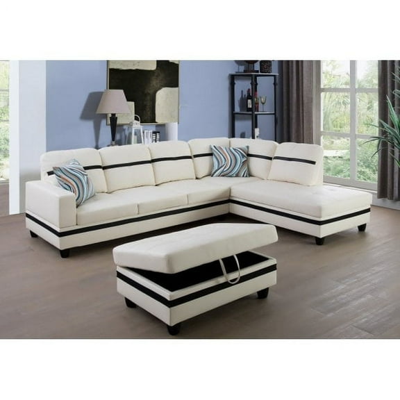 Yadira 103.50" Wide White & Black F09514B Faux Leather Sectional with Ottoman Right Hand Facing